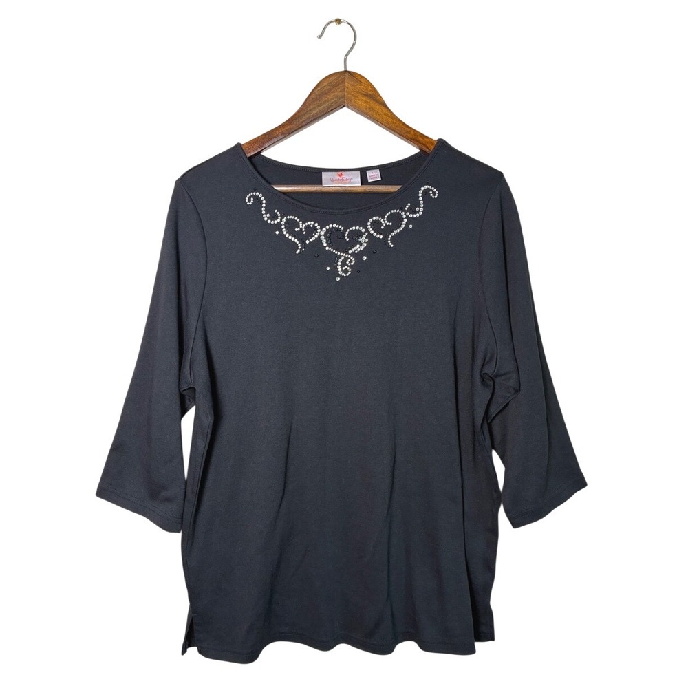 QUACKER FACTORY Large Black Silver Heart Studded 3/4 Sleeve Knit Top QVC
